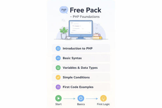 PHP Foundations free pack course outline with icons and text on a white background