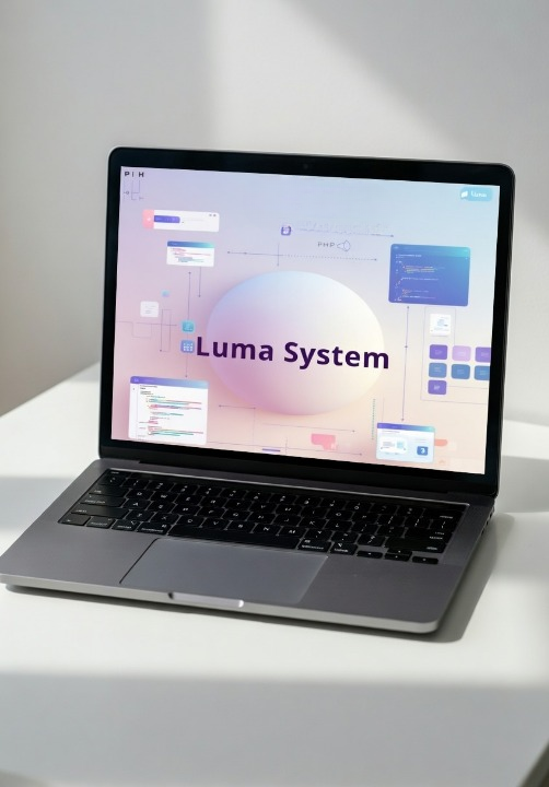 Laptop on a white surface with 'Luma System' displayed on the screen