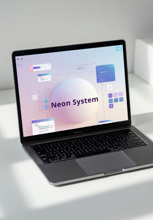 Laptop displaying the Neon System interface on a white surface