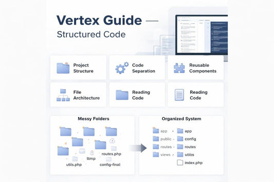 Diagram of software development concepts with text 'Vertex Guide Structured Code' on a white background.