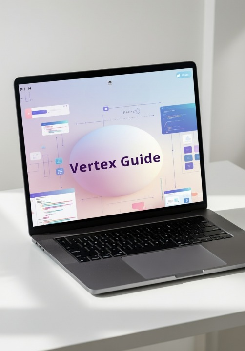 Laptop on a white surface with 'Vertex Guide' displayed on the screen