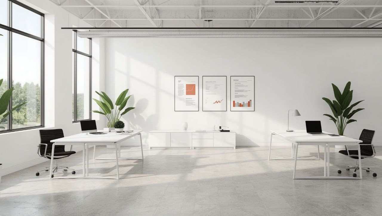 Modern office space with white desks, chairs, and decorative plants.