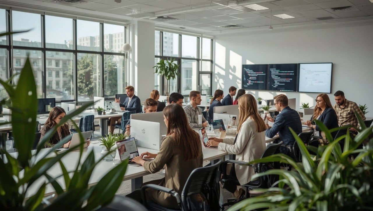 Modern office with employees working on computers, large windows, and plants.