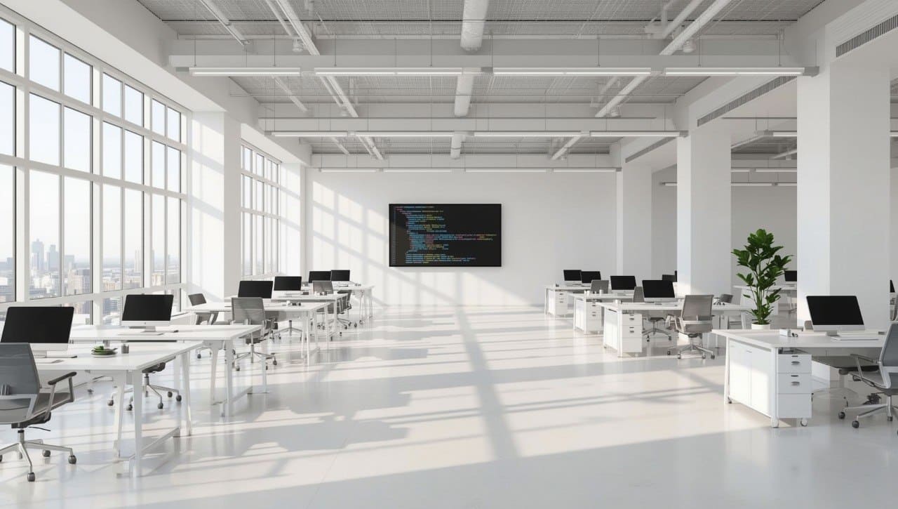 Modern office space with white desks, chairs, and a large screen displaying code.