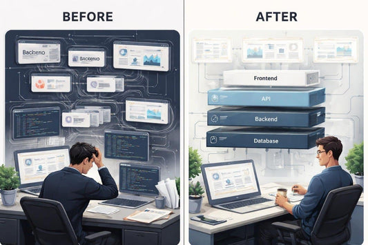 Before and after comparison of a person working at a cluttered desk with complex software interfaces and a more organized workspace.