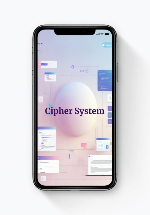 Phone displaying the Cipher System app interface on a white background