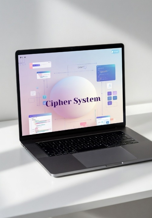 Laptop on a white surface with 'Cipher System' displayed on the screen