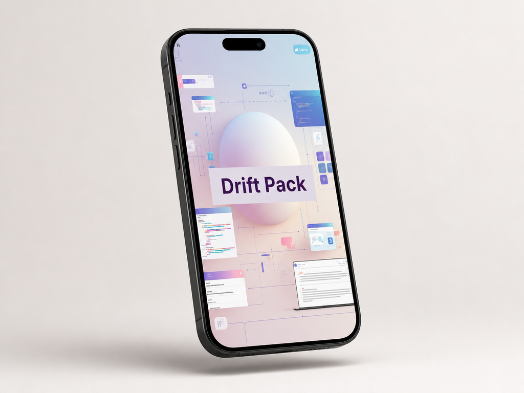 Phone displaying a design software interface with 'Drift Pack' on a light gray background