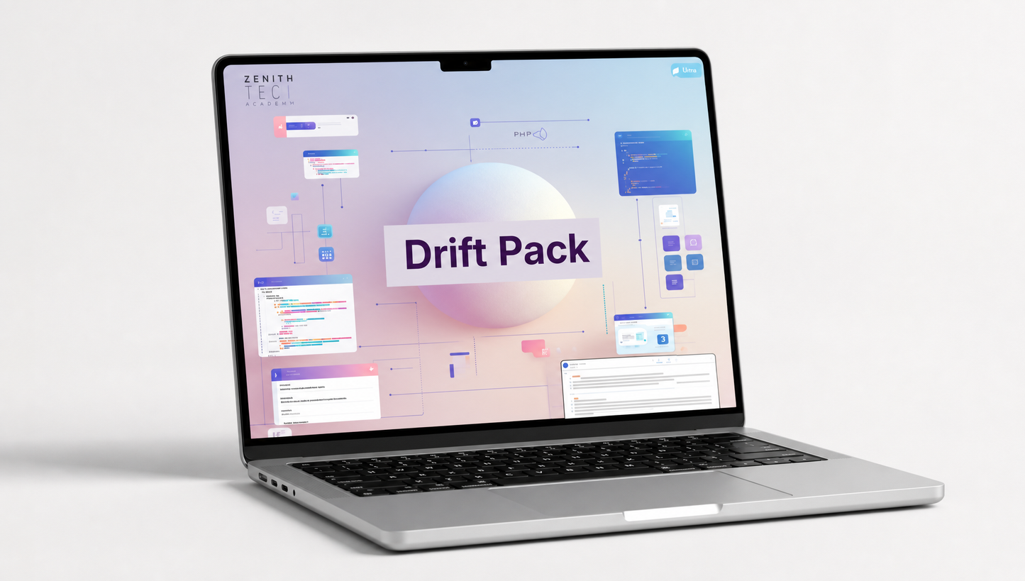 Laptop displaying a software interface with 'Drift Pack' on a light background