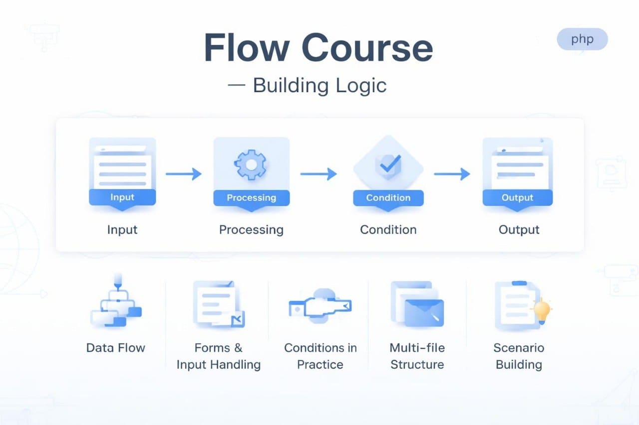 Flowchart with steps for building logic in a flow course, featuring icons and labels.