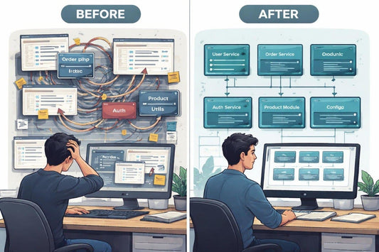 Before and after comparison of a person working at a computer with complex system diagrams.