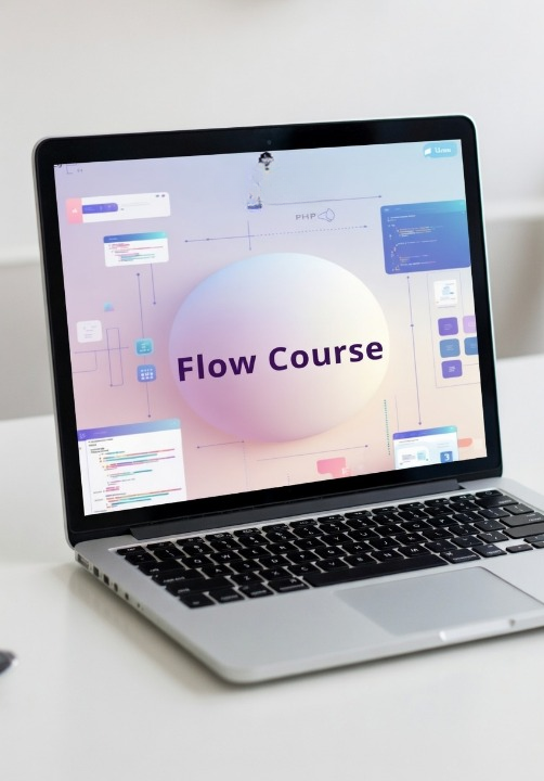 Laptop on a white surface with 'Flow Course' displayed on the screen