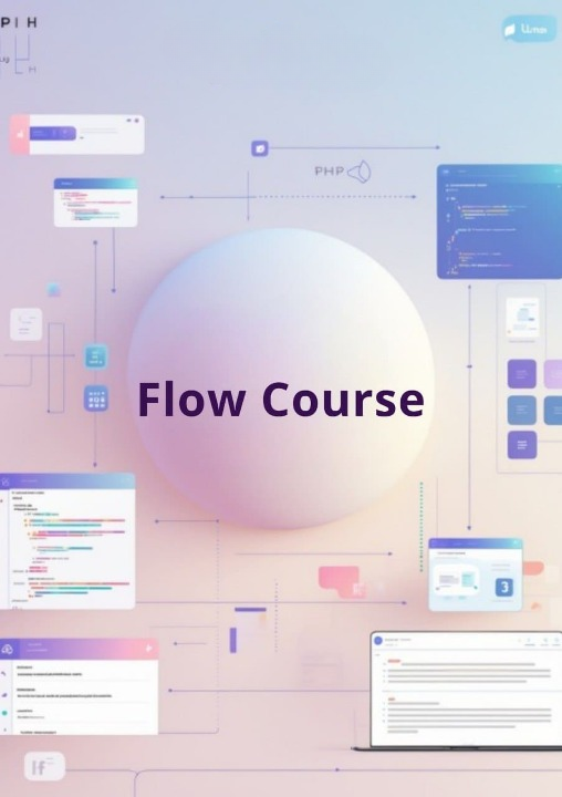 Flow course design with digital interface elements on a gradient background