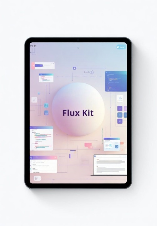 Tablet displaying a design software interface with 'Flux Kit' on a light background