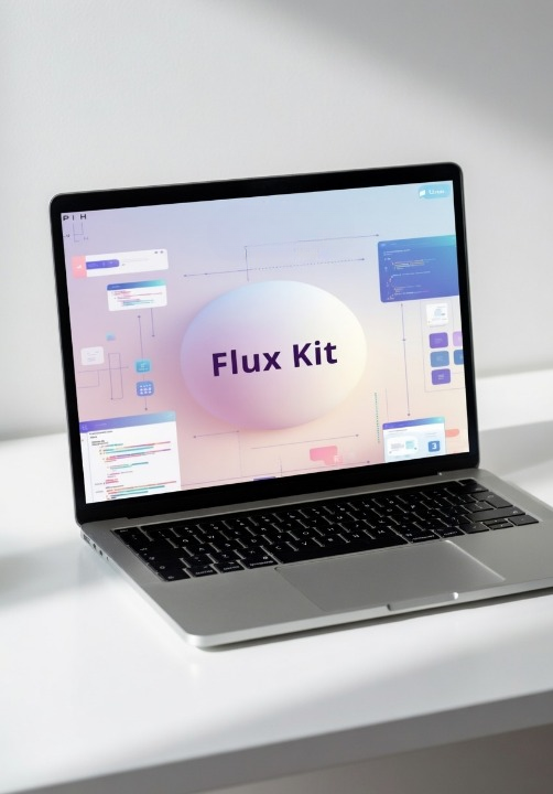Laptop on a white surface with 'Flux Kit' displayed on the screen