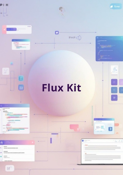 Flux Kit software interface with various windows and tools on a gradient background