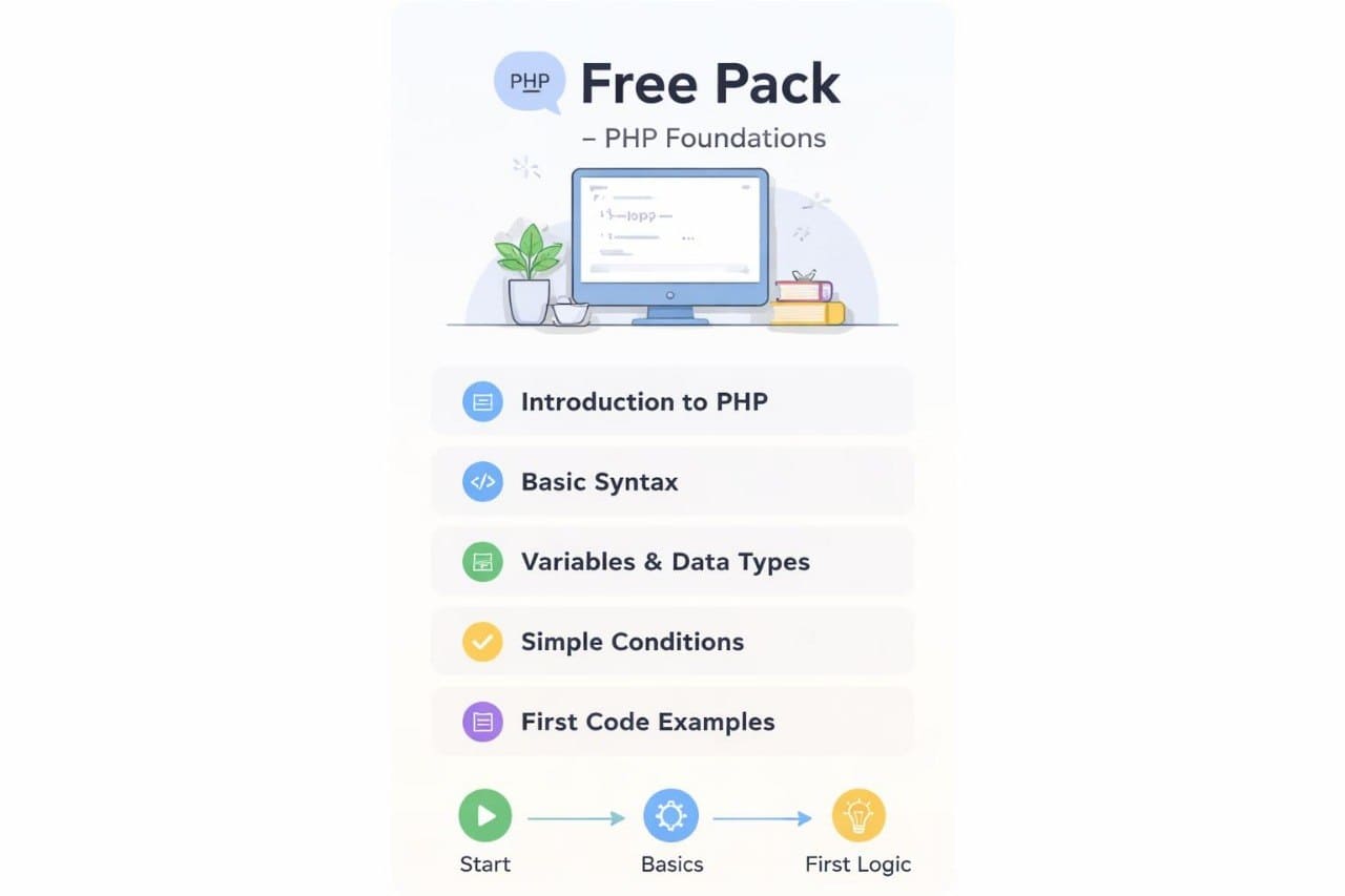 PHP Foundations free pack course outline with icons and text on a white background