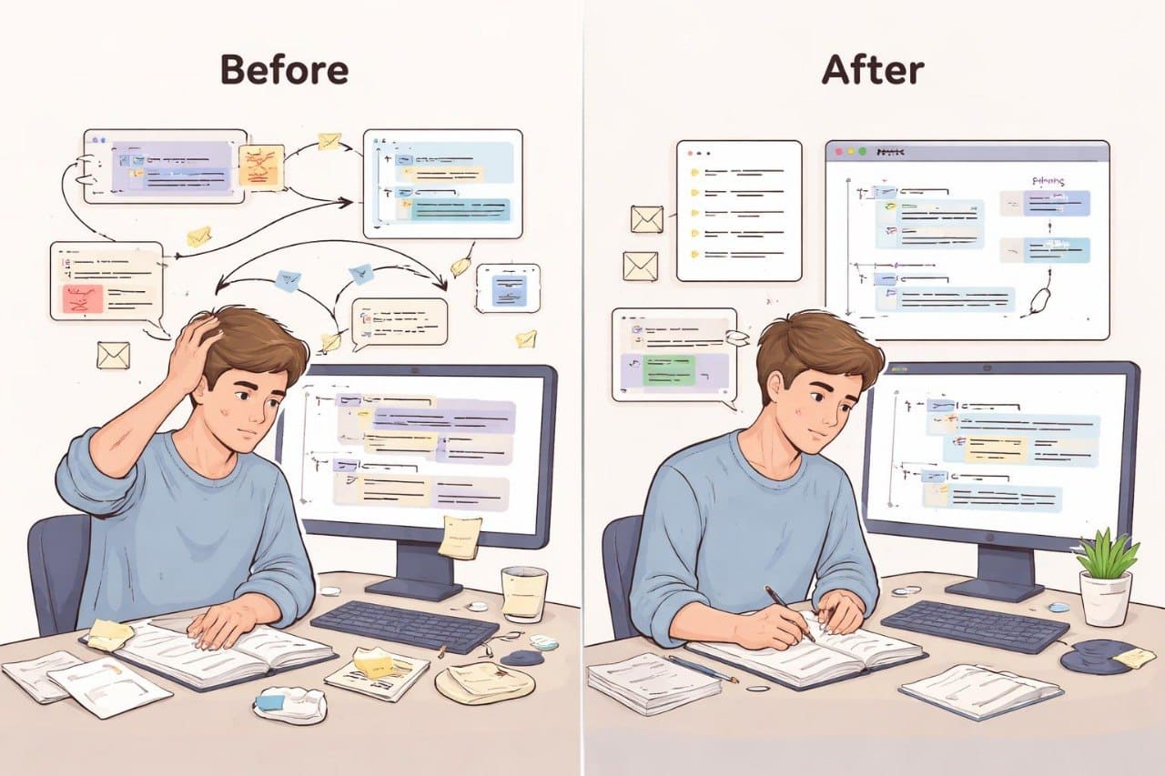 Illustration of a person working at a desk with 'Before' and 'After' comparisons on computer screens.