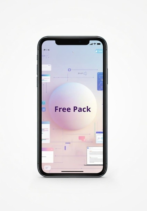 Smartphone displaying a 'Free Pack' on a white background