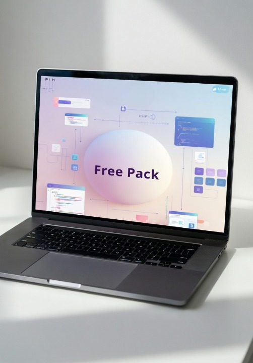 Laptop on a light surface with a 'Free Pack' text on the screen