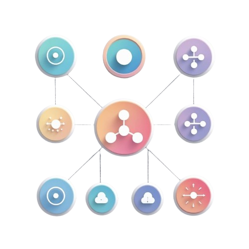 Colorful icon set with various symbols on a white background