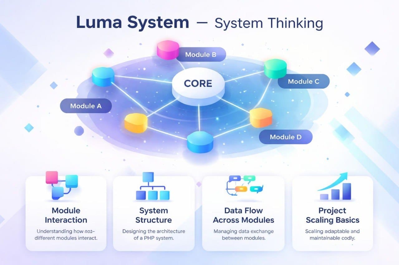 Diagram of a system thinking model with modules and core, labeled 'Luma System'.