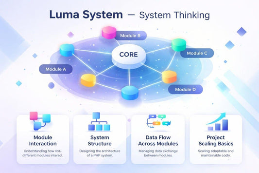 Diagram of a system thinking model with modules and core, labeled 'Luma System'.