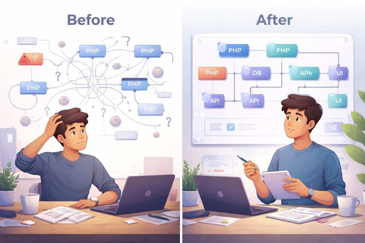 Illustration of a person before and after learning PHP, with 'Before' showing confusion and 'After' showing knowledge.