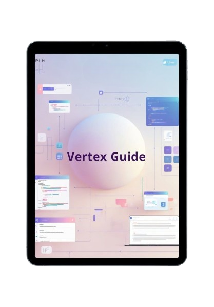 Tablet displaying a software interface with 'Vertex Guide' on a white background