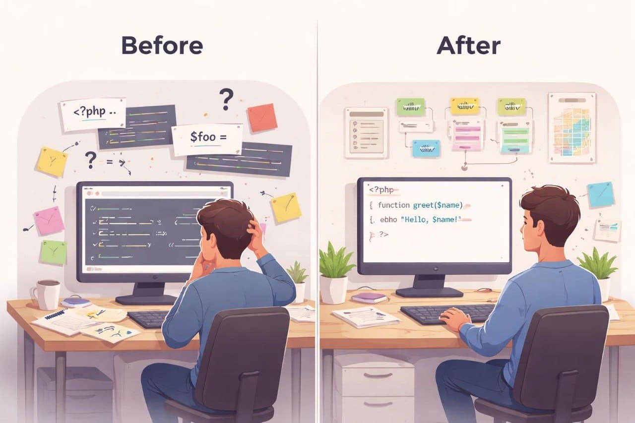 Illustration of a programmer at a desk with 'Before' and 'After' comparisons on computer screens.