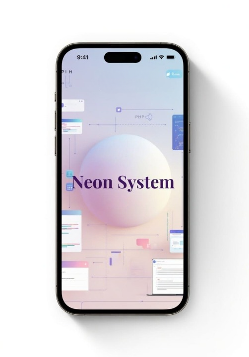 Phone displaying a software interface with 'Neon System' branding on a white background
