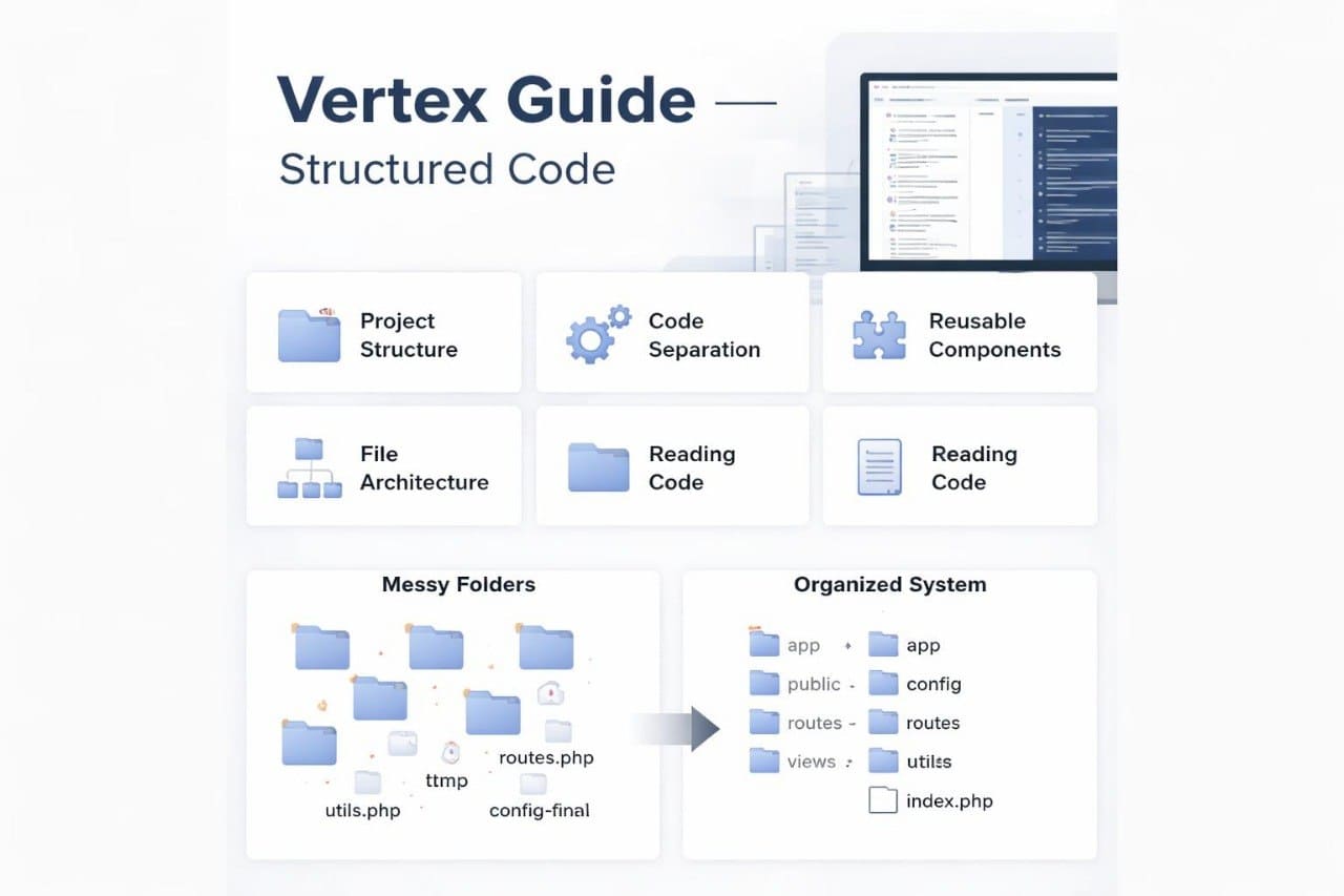 Diagram of software development concepts with text 'Vertex Guide Structured Code' on a white background.