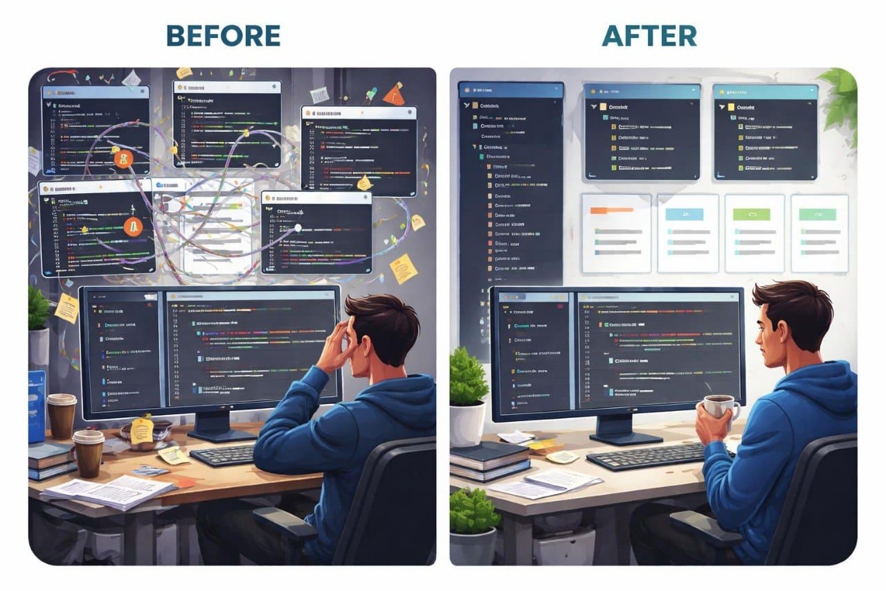 Before and after comparison of a person working at a computer setup with multiple monitors.