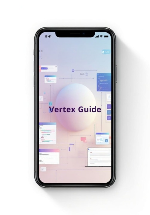 Smartphone displaying the 'Vertex Guide' app on a white background