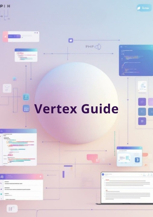 Vertex Guide software interface with various windows and tools on a gradient background